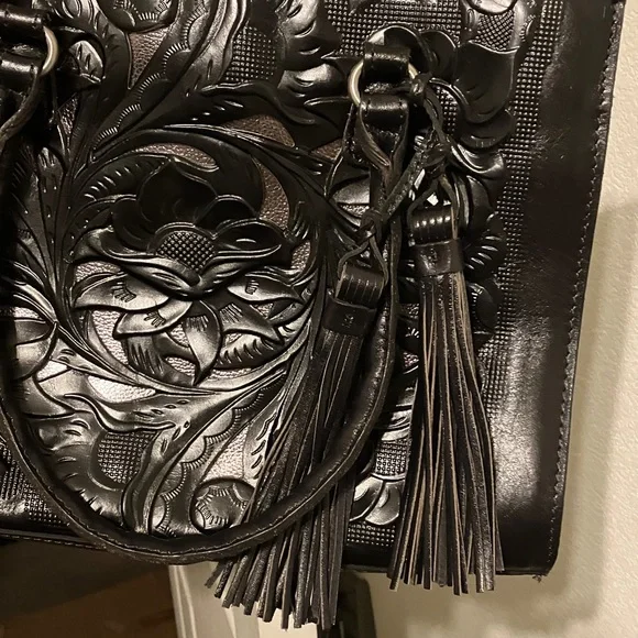 ☑️PATRICIA NASH BURNISHED ALL LEATHER ADELINE TOTE  BAG black - Picture 4 of 11